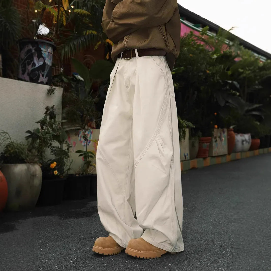 Men's pleated straight trousers with elastic waistband in black brown apricot colours