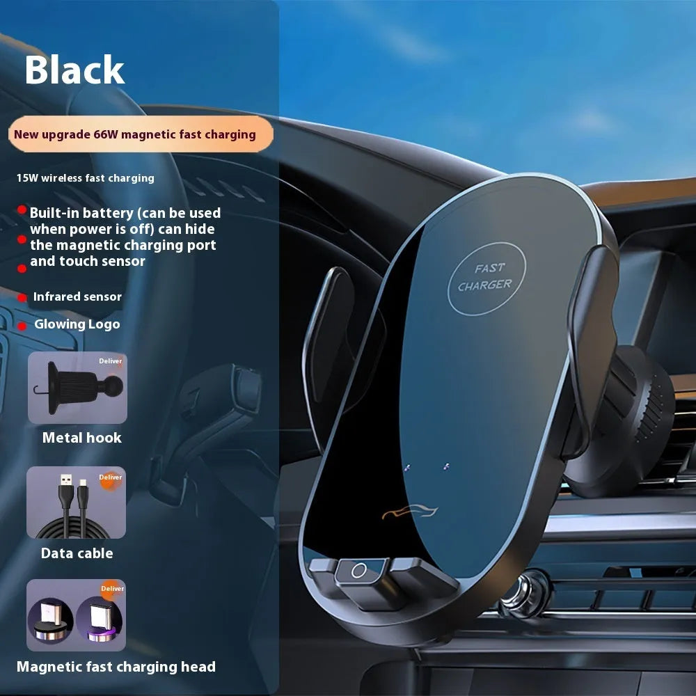 66W fast charging wireless car phone holder with electroplated finish, black, mounted on air vent with hook