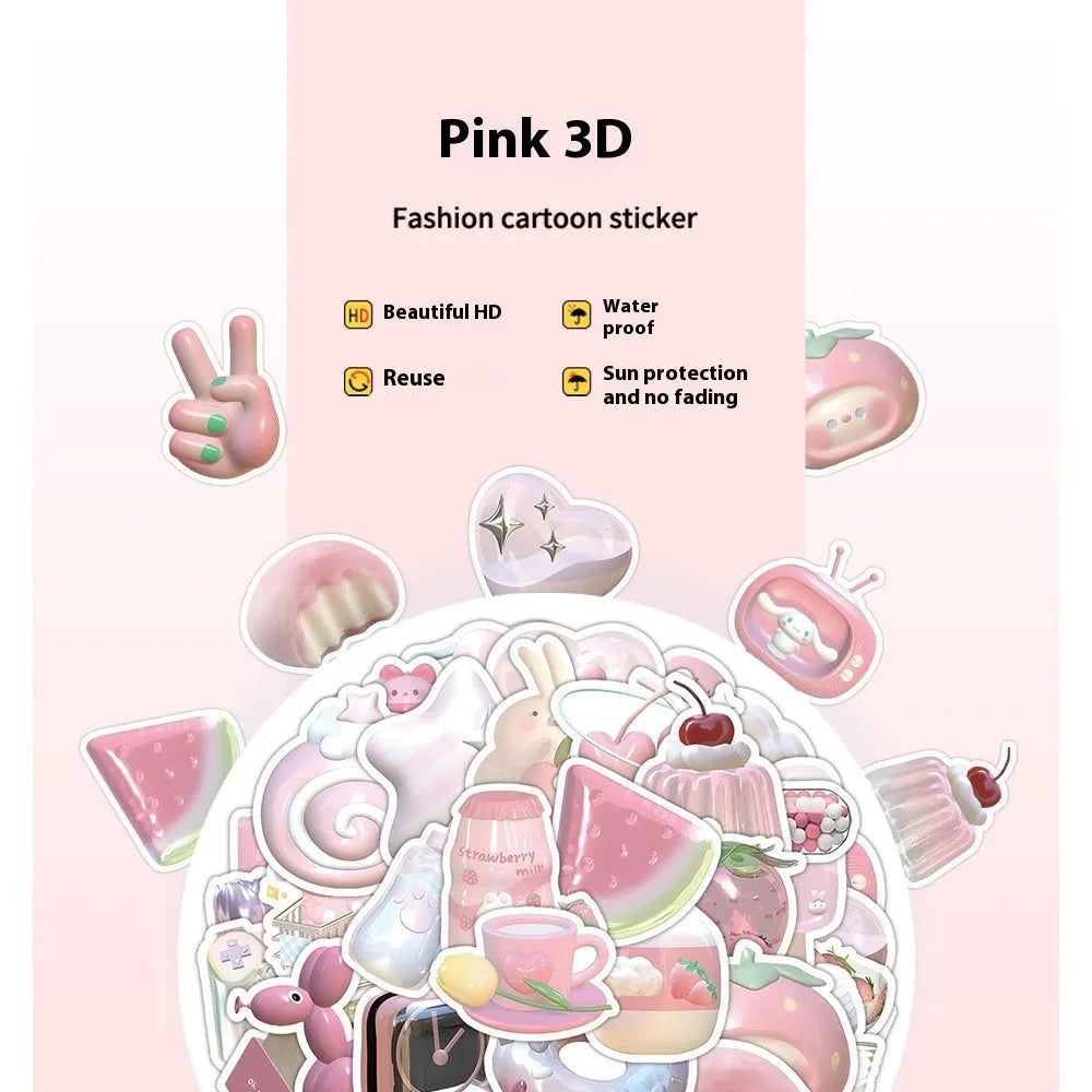Pack of 63 pink heart-shaped 3D decorative stickers for crafts and laptop decoration.
