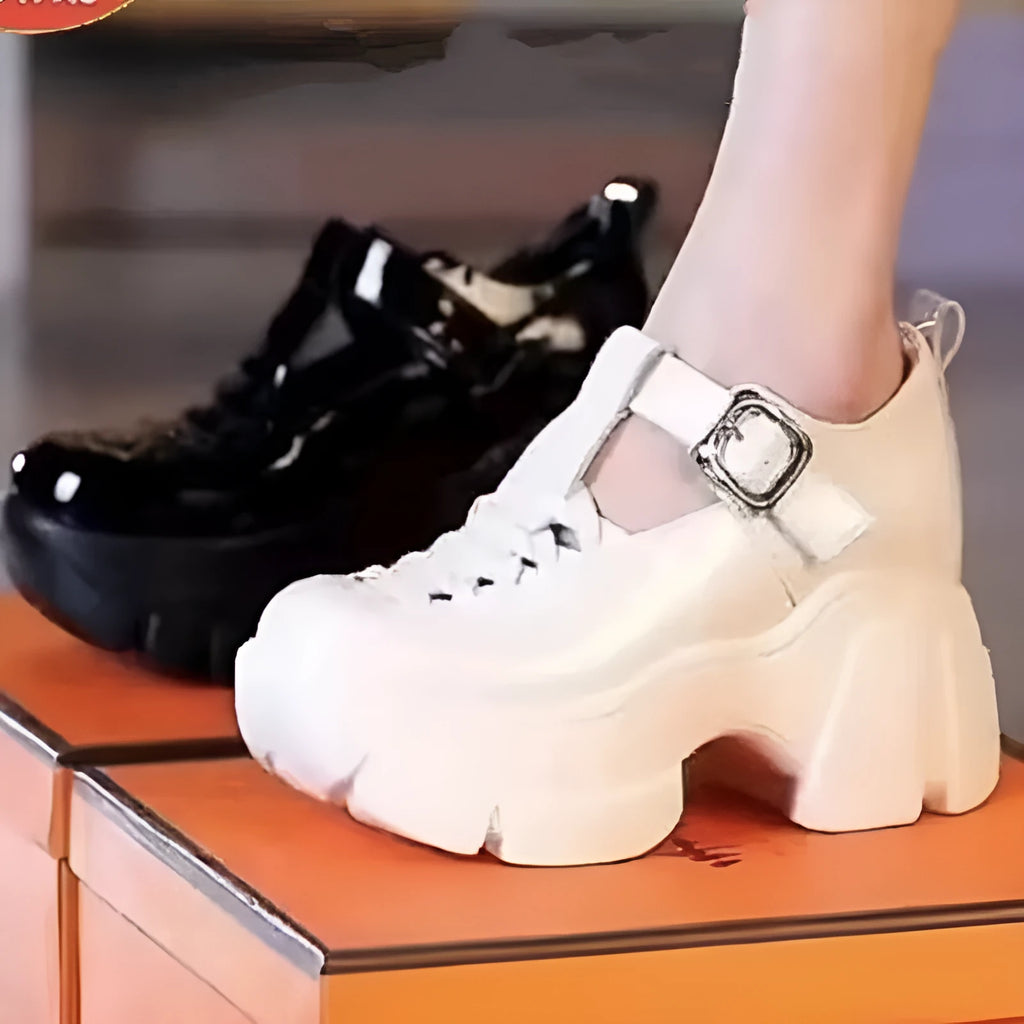 Women's Roman style satin pumps with chunky wedge heels in black and white colour options