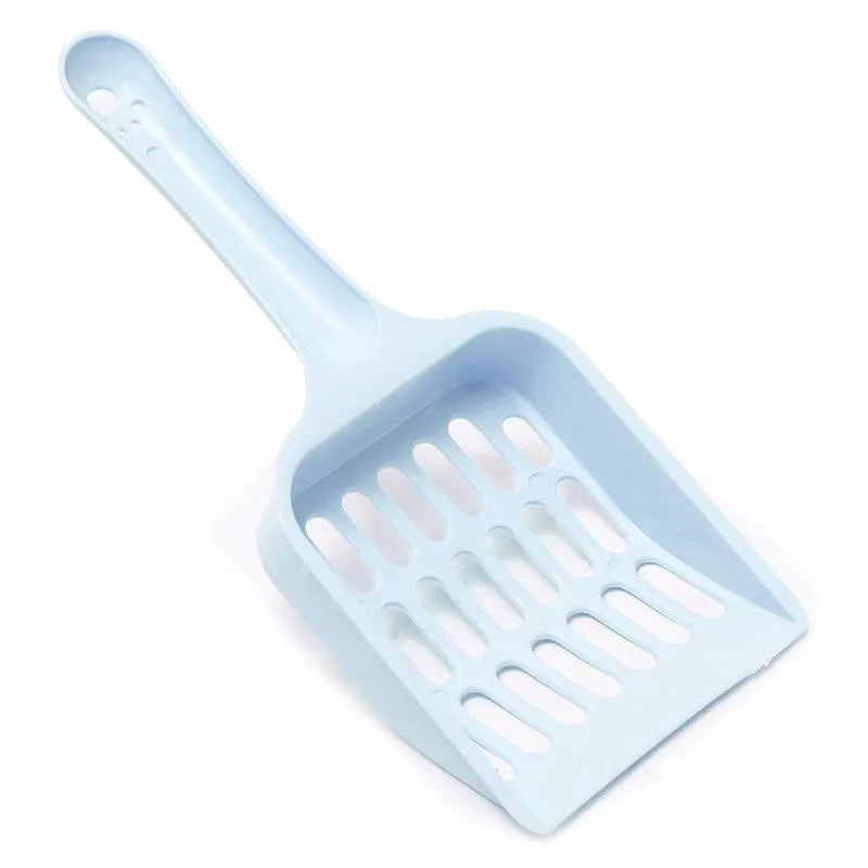 Blue plastic cat litter scoop for cleaning pet toilets, shown with dimensions.