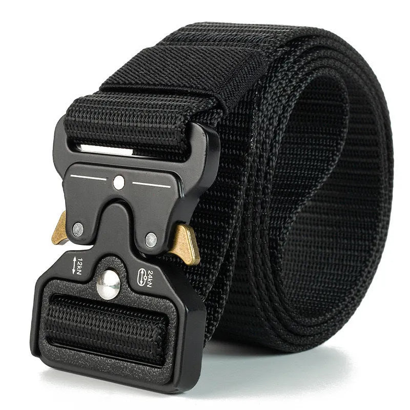 Men's thick canvas tactical belt with an alloy release buckle shown in Army Green colour.
