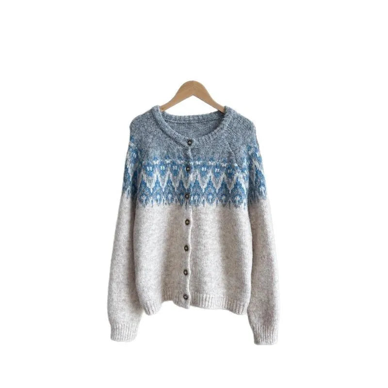 Women's Jacquard knit sweater coat with contrasting colours in loose fit