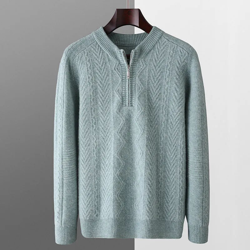 Men's pure wool diamond lattice pattern half-zip sweater in light camel colour