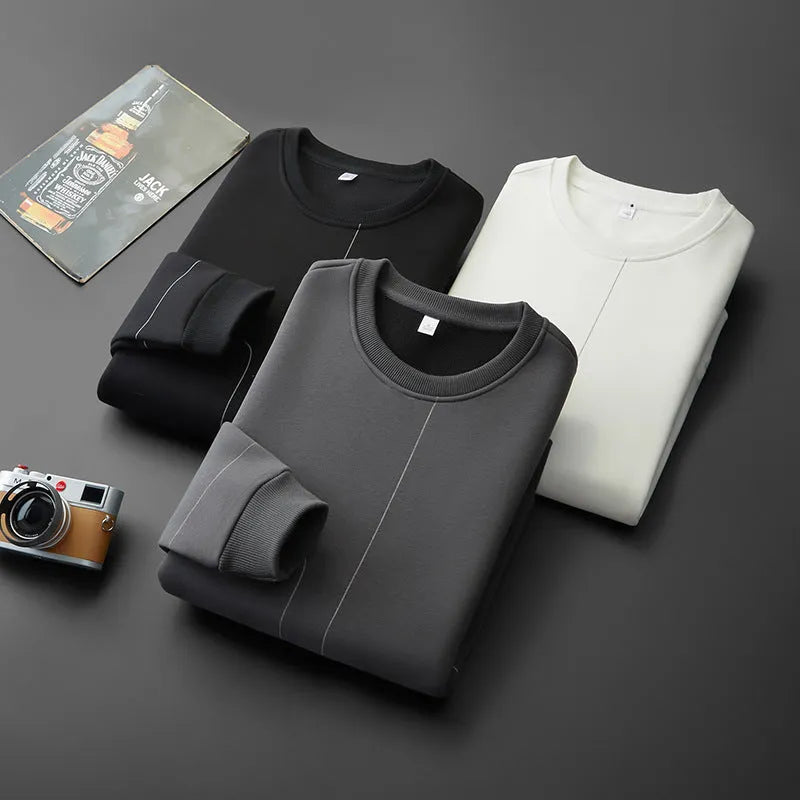 Men's loose round neck cotton stripe pullover sweatshirt with 3D patch pocket, in black, front view