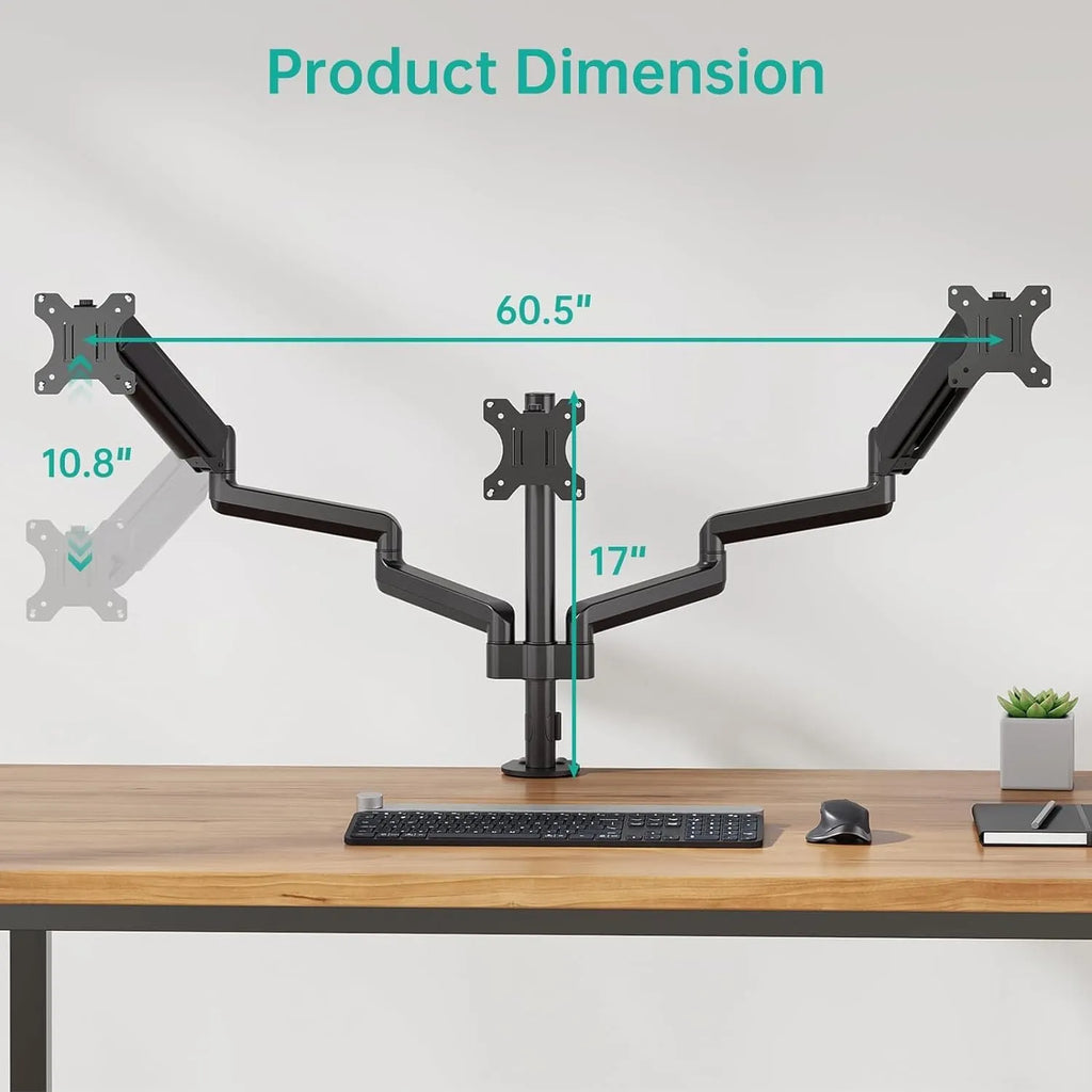 Black aluminium gas spring monitor arm holding a 27-inch computer screen