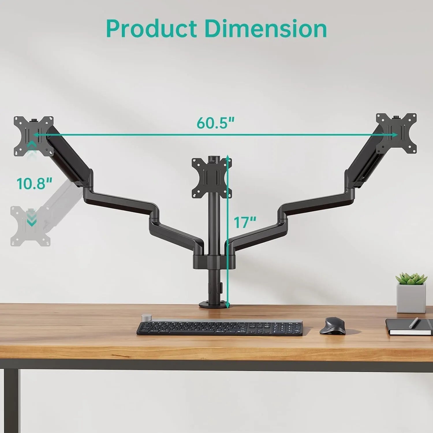 Black aluminium gas spring monitor arm holding a 27-inch computer screen