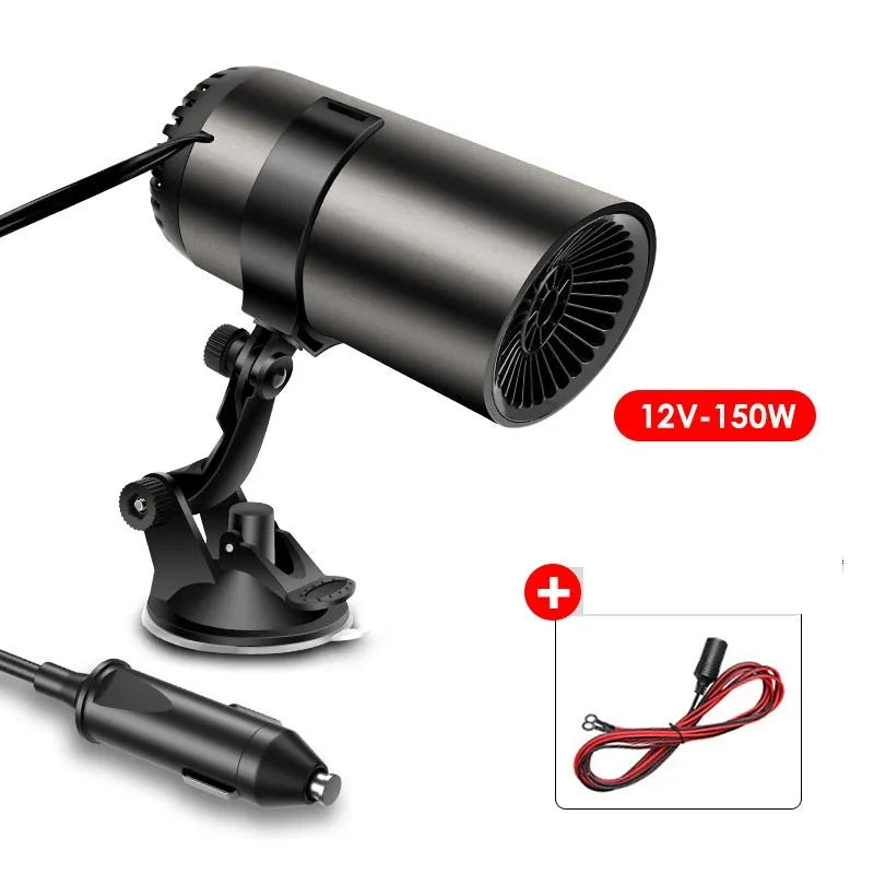 12v 24v car heater defogger in black and gray with suction cup mount and power cord