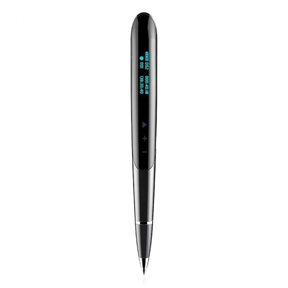 Black and silver lossless recording pen with OLED display screen on a zinc alloy pen-shaped body.