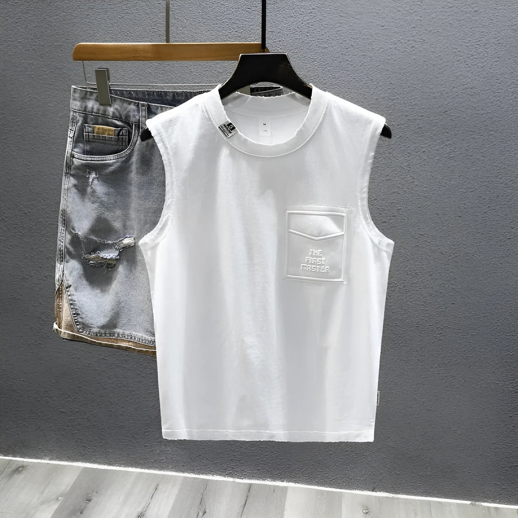 Women's loose-fit black cotton sleeveless t-shirt with straight hem on a hanger.