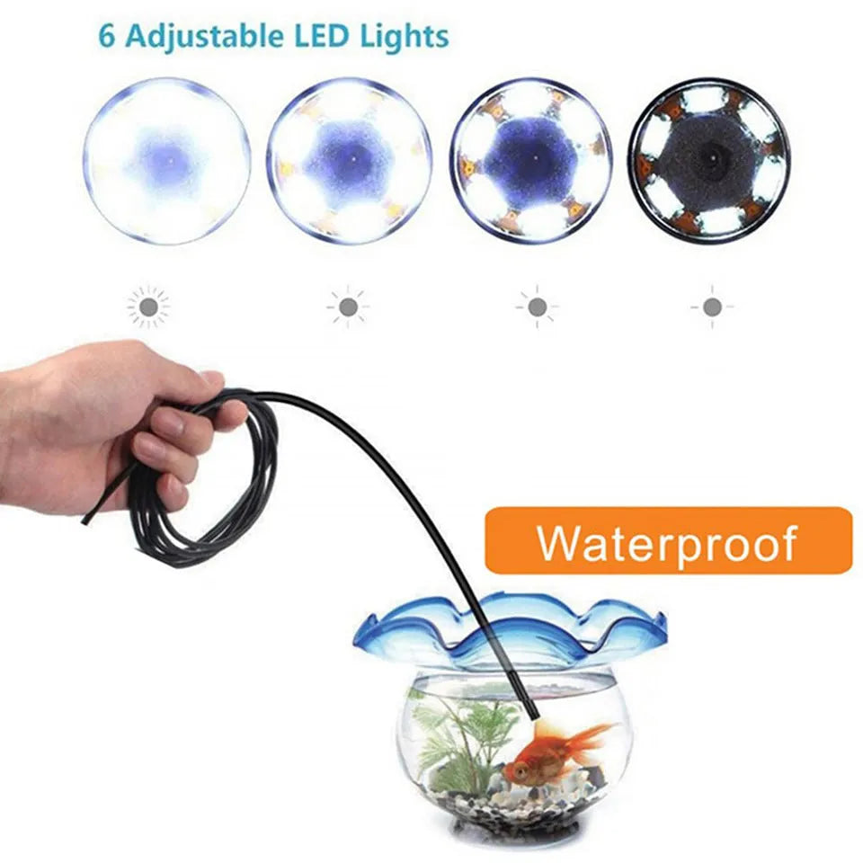Type-C USB Android phone endoscope with flexible cable, IP67 waterproof rating, and accessory attachments