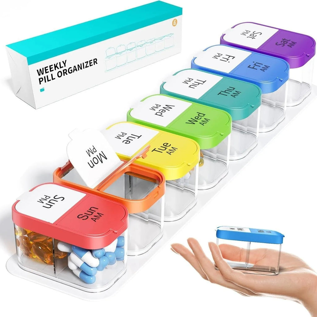 Large white and rainbow coloured plastic pill organiser box with 14 removable compartments and a dustproof lid.
