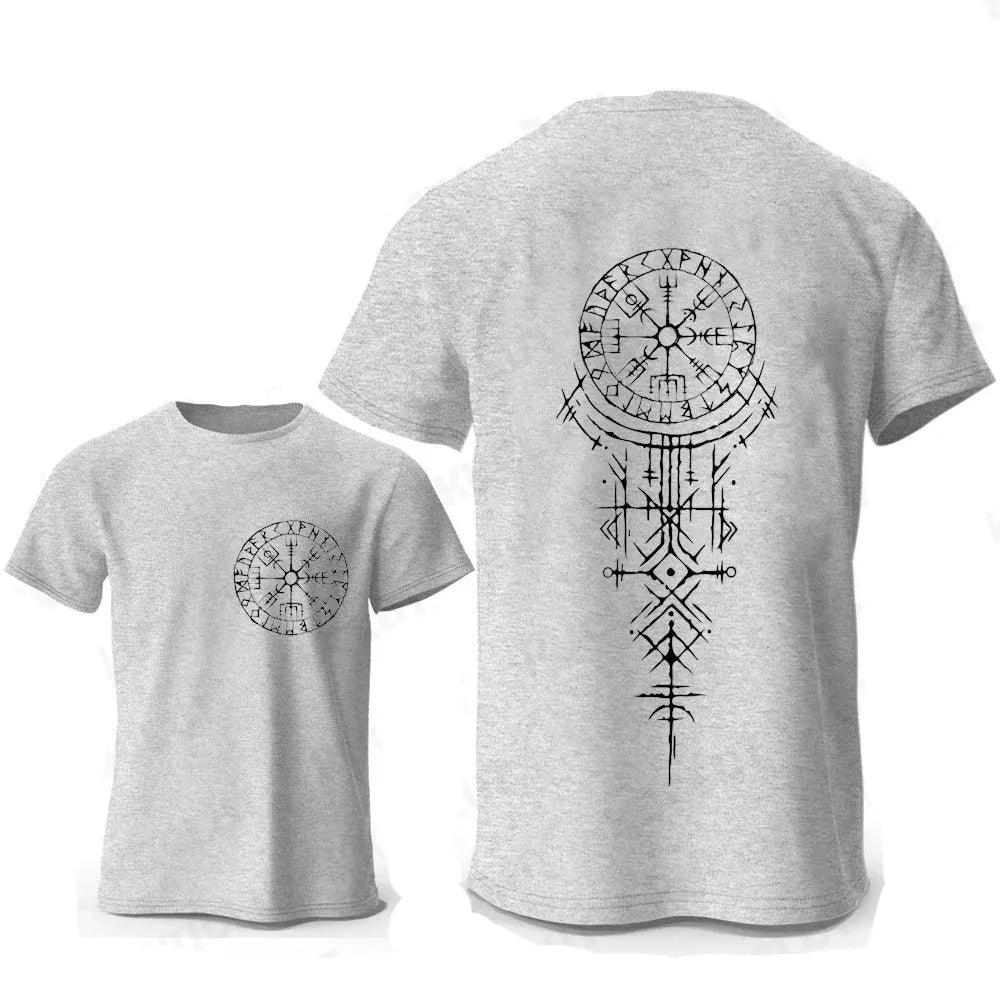 Men's grey T-shirt with a detailed Viking rune compass graphic printed on the chest.
