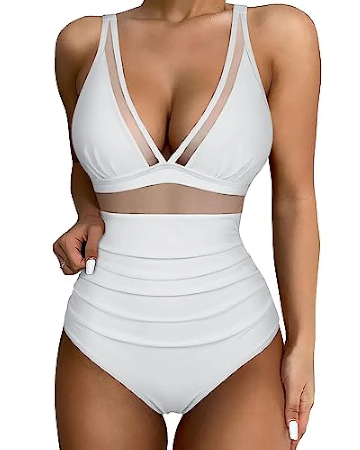 Women's high-waist one-piece swimsuit in quick-drying polyester fabric, backless design