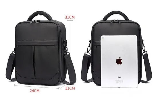 Black Oxford fabric men's messenger shoulder bag showing dimensions