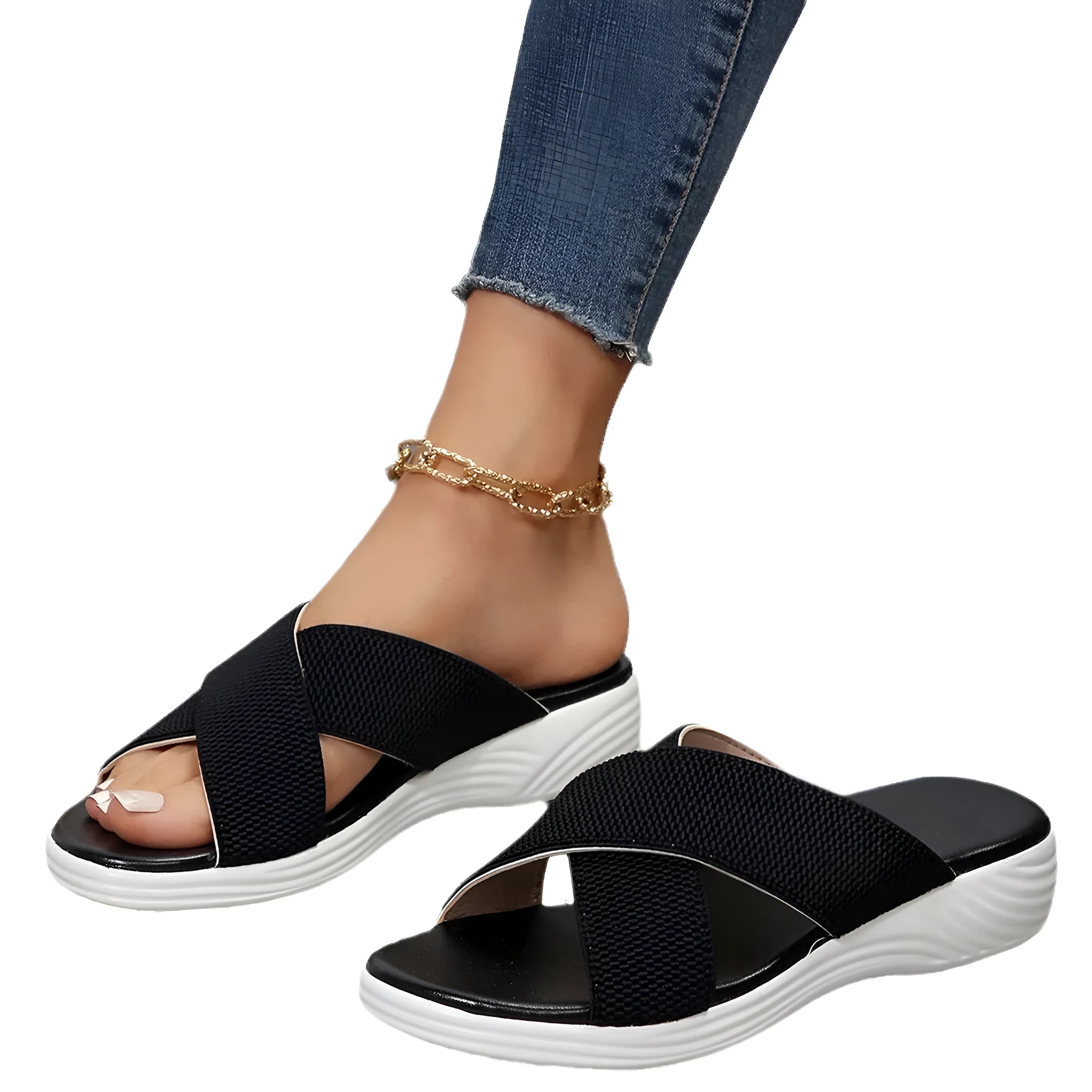 Women's black wedge slippers with peep-toe design and cross-strap PVC upper on thick rubber sole