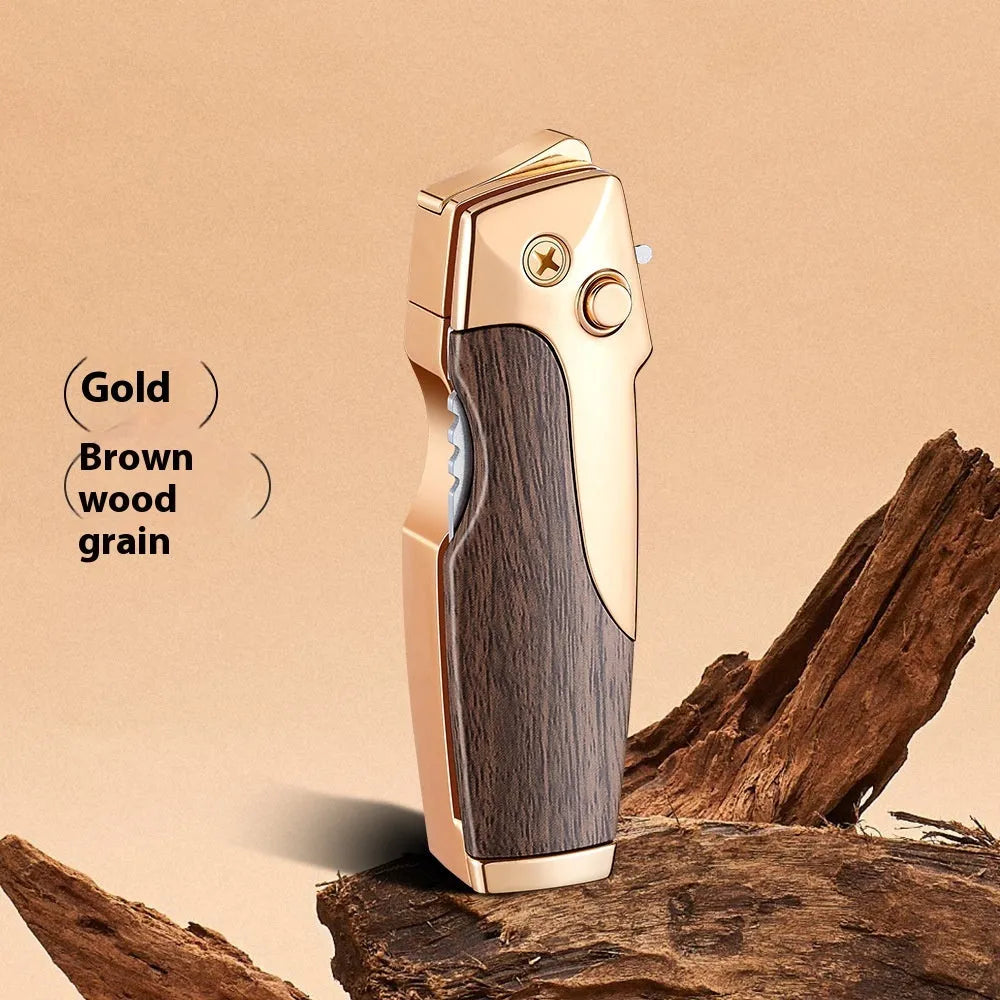 Zinc alloy folding knife and jet lighter multi-tool in black with wood grain finish, showing closed position.