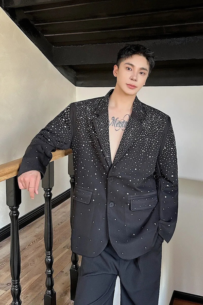 Black men's hot drilling casual suit jacket with chenille fabric and princess sleeves, loose fit