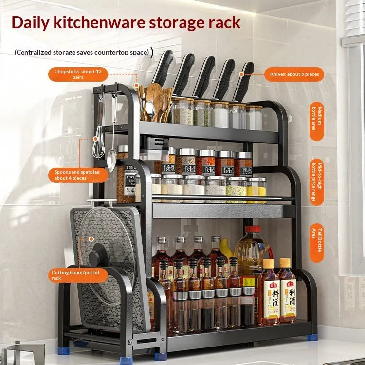 Carbon steel kitchen storage shelf floor rack with knife holder and six hooks