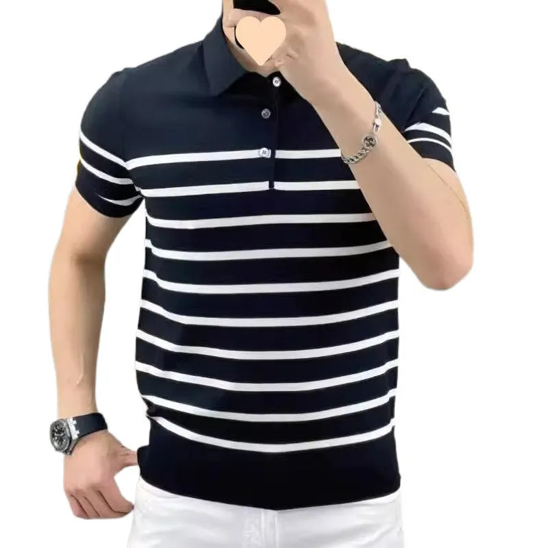 Black and white striped men's knit t-shirt with a lapel collar, laid flat.