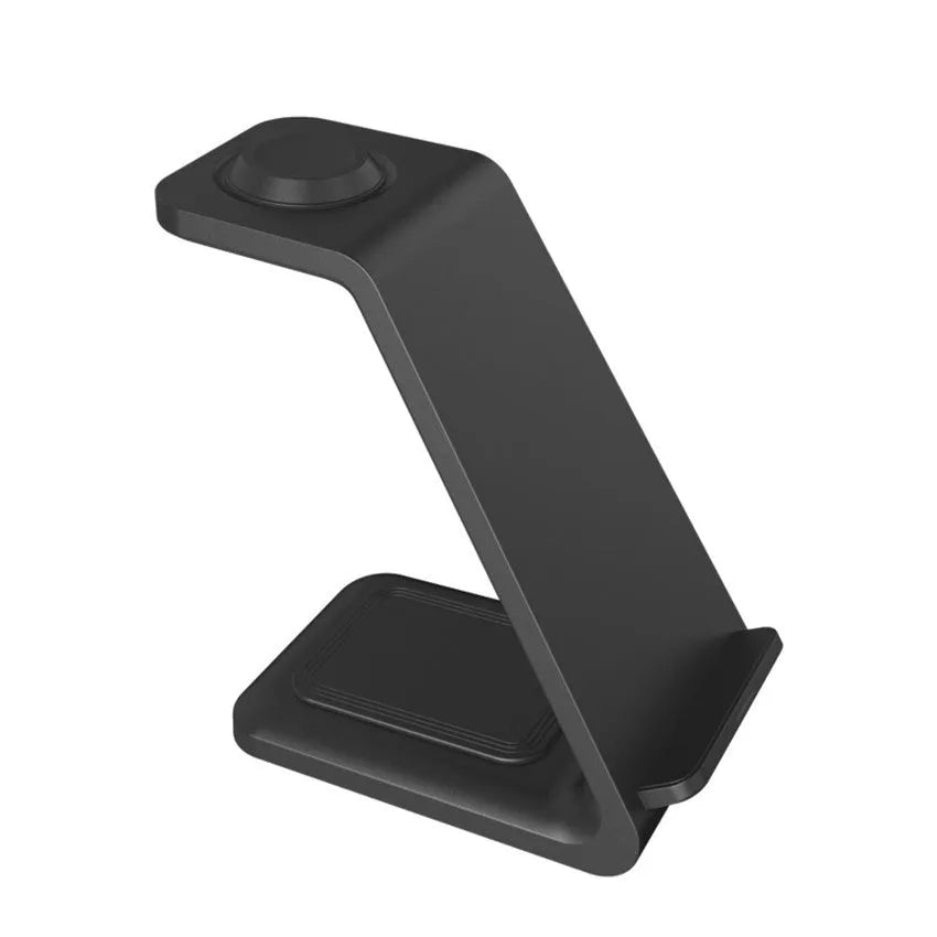 White upright wireless phone charger with dual-coil design and QC3.0 support on a desk.
