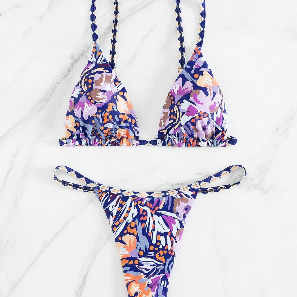 Women's floral print triangle bag swimsuit with briefs cut and polyester lining