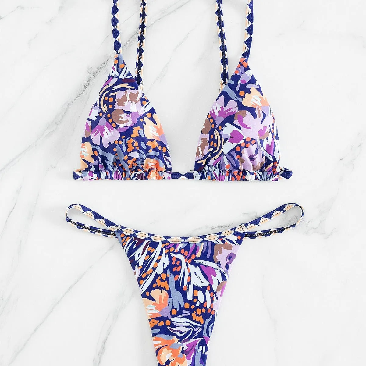 Women's floral print triangle bag swimsuit with briefs cut and polyester lining