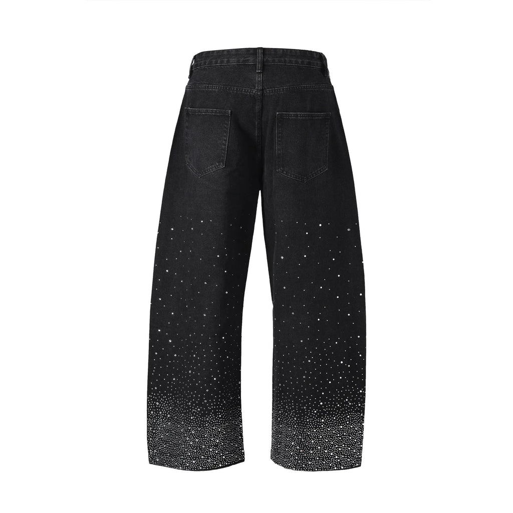 Blue and black loose-fitting cotton wide-leg trousers on hanger showing waist sizes 30-36