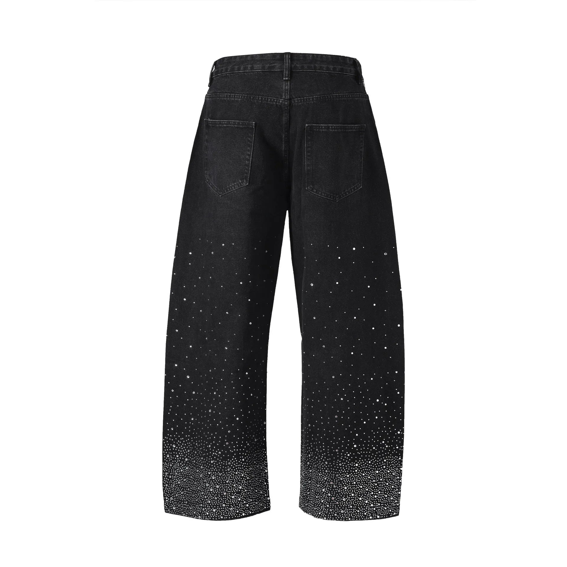 Blue and black loose-fitting cotton wide-leg trousers on hanger showing waist sizes 30-36