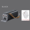 Black portable power bank with solar panel and multiple charging ports for outdoor emergency use