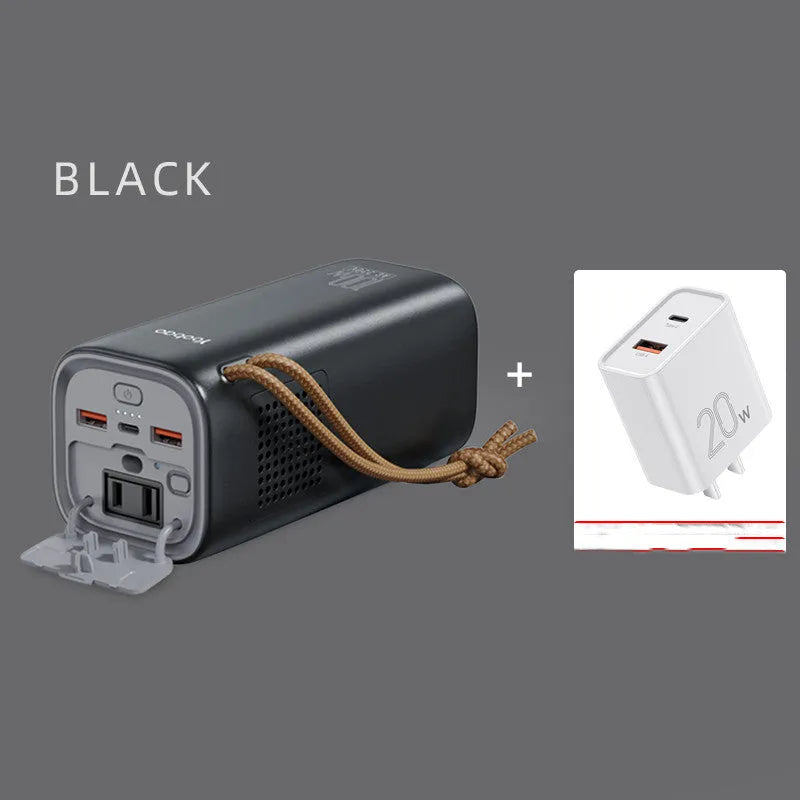 Black portable power bank with solar panel and multiple charging ports for outdoor emergency use