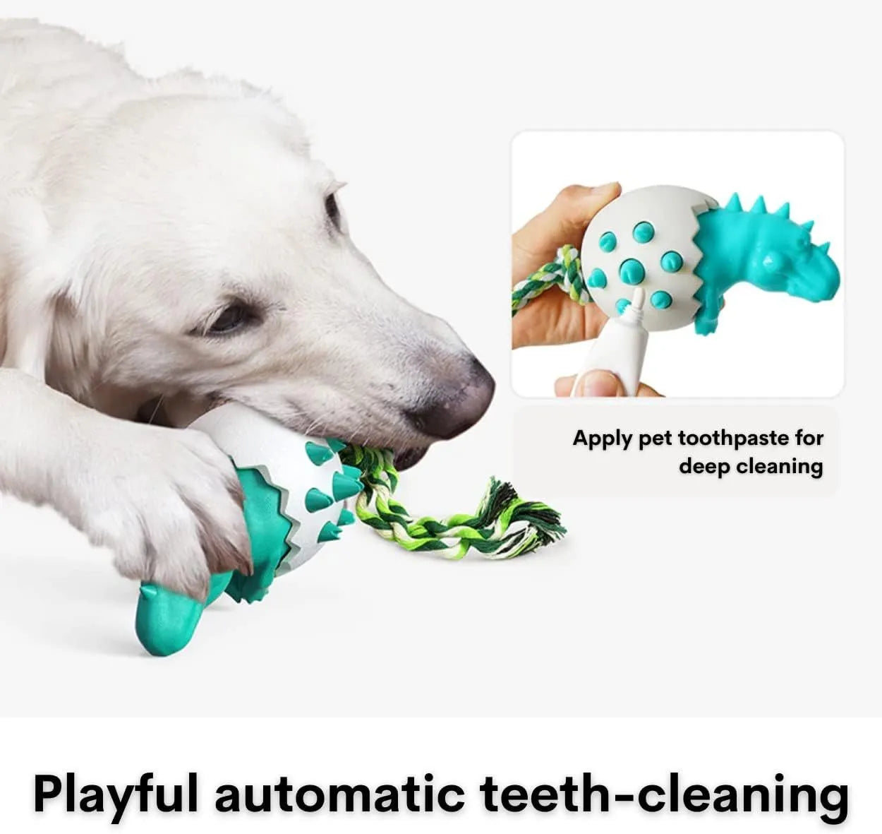 Blue dinosaur-shaped rubber dog chew toy with rope and textured cleaning nubs for aggressive chewers.