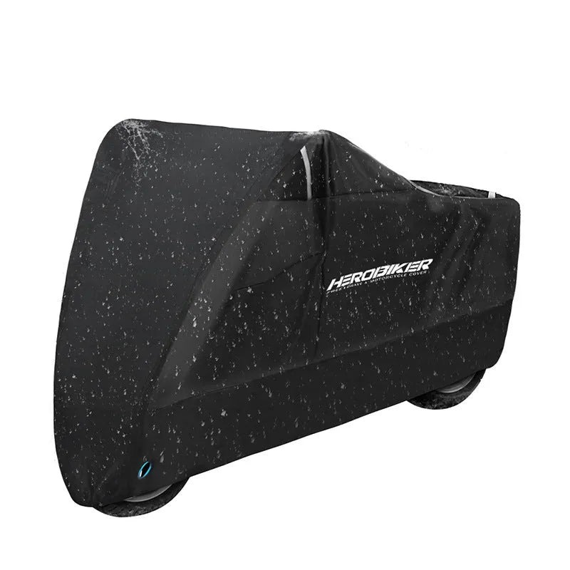 Black polyester motorcycle cover on electric vehicle showing rain protection and heat insulation features