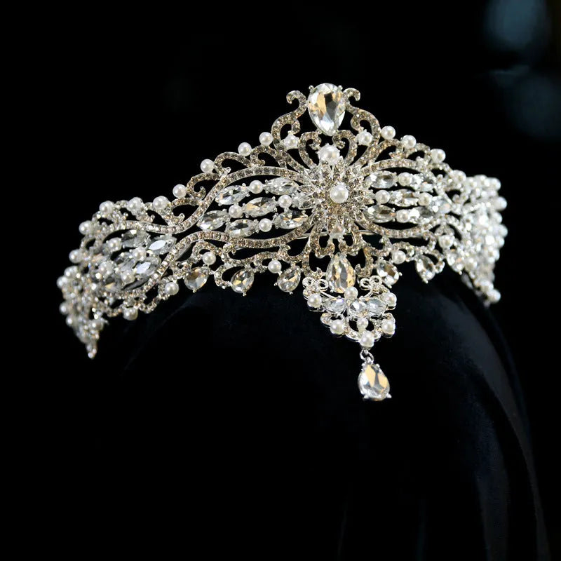 Baroque bride crown headwear silver alloy with electroplated finish dotted pearl and quota decoration 15cm diameter 7.5cm height