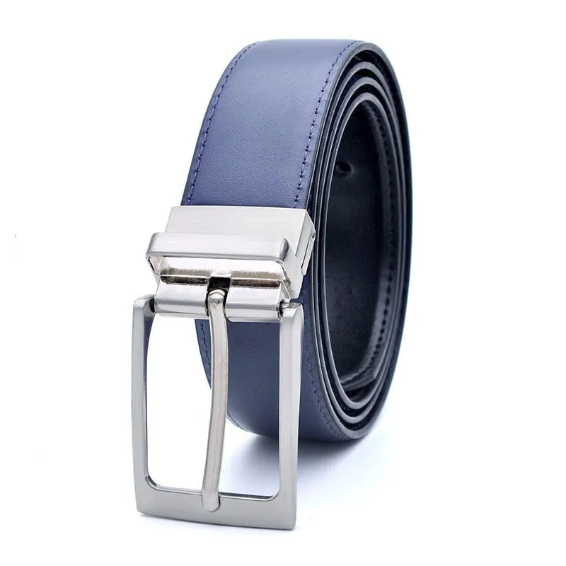 Men's brown and black genuine leather belt with rotating pin buckle on dark background