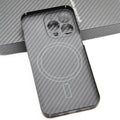 Magnetic hard fibre phone case for iPhone13 Pro Max in fine hole black grey with carbon fibre texture