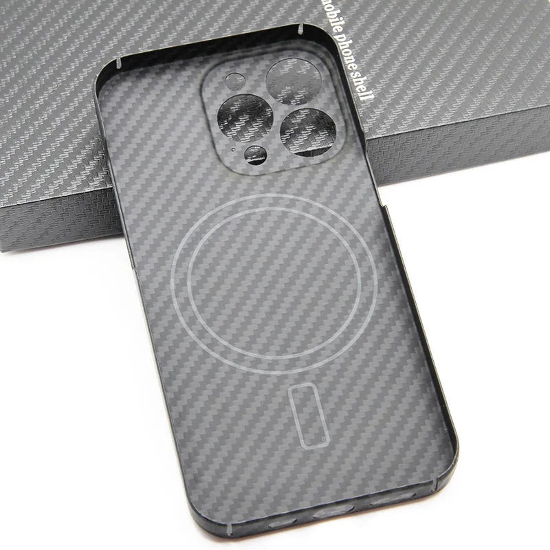 Magnetic hard fibre phone case for iPhone13 Pro Max in fine hole black grey with carbon fibre texture
