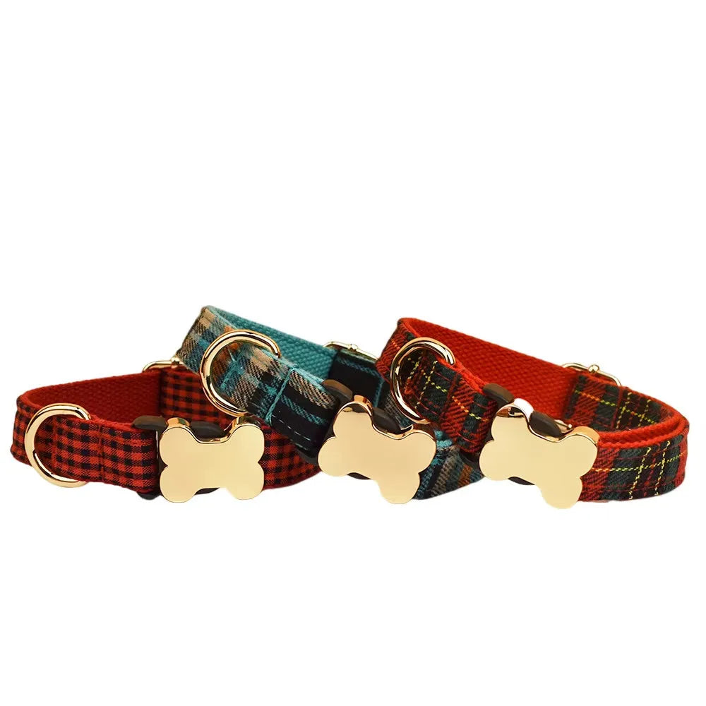 Flat fabric printed grid nylon dog collar with bone buckle in multiple colour options