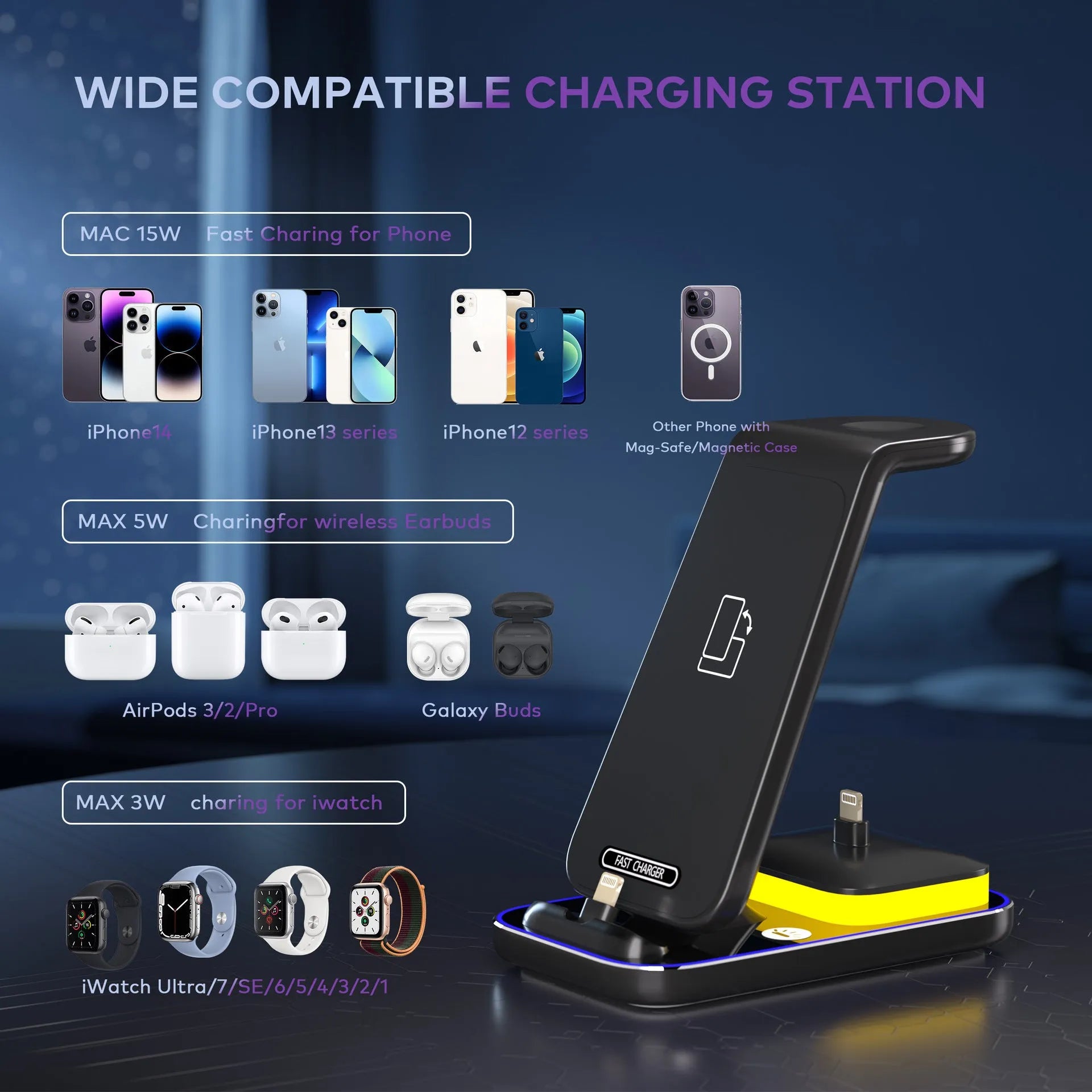 Black vertical wireless charging stand holding mobile phone upright while charging