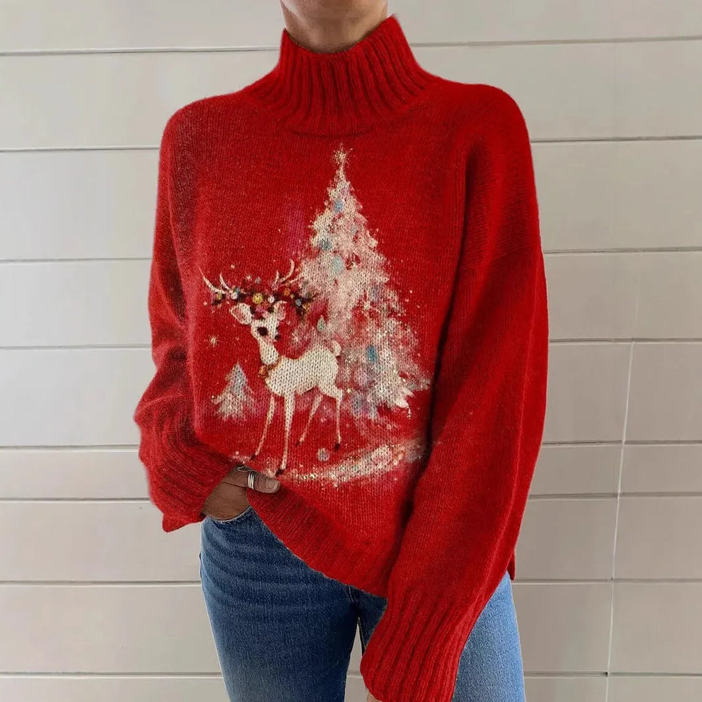 Women's loose-fit Christmas printed turtleneck sweater in polyester with turtleneck collar and long sleeves