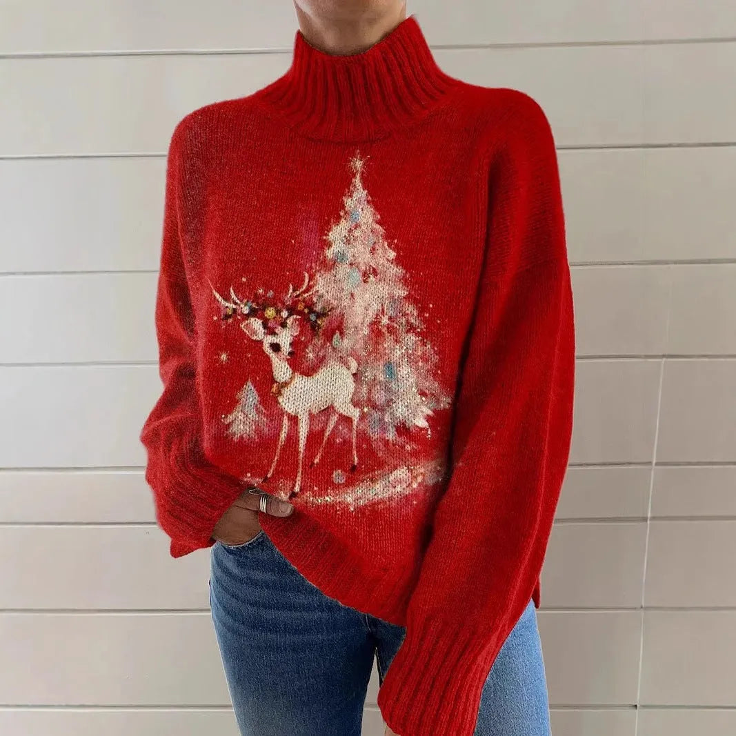 Women's loose-fit Christmas printed turtleneck sweater in polyester with turtleneck collar and long sleeves