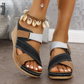 Women's platform wedge slipper with Velcro strap in a two-tone colour combination, showing Fish Mouth toe shape.