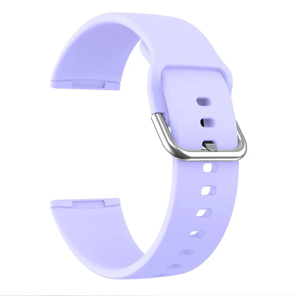 Silicone replacement strap with silver buckle for Fitbit Versa 3 and Sense 2 in multiple solid colour options.