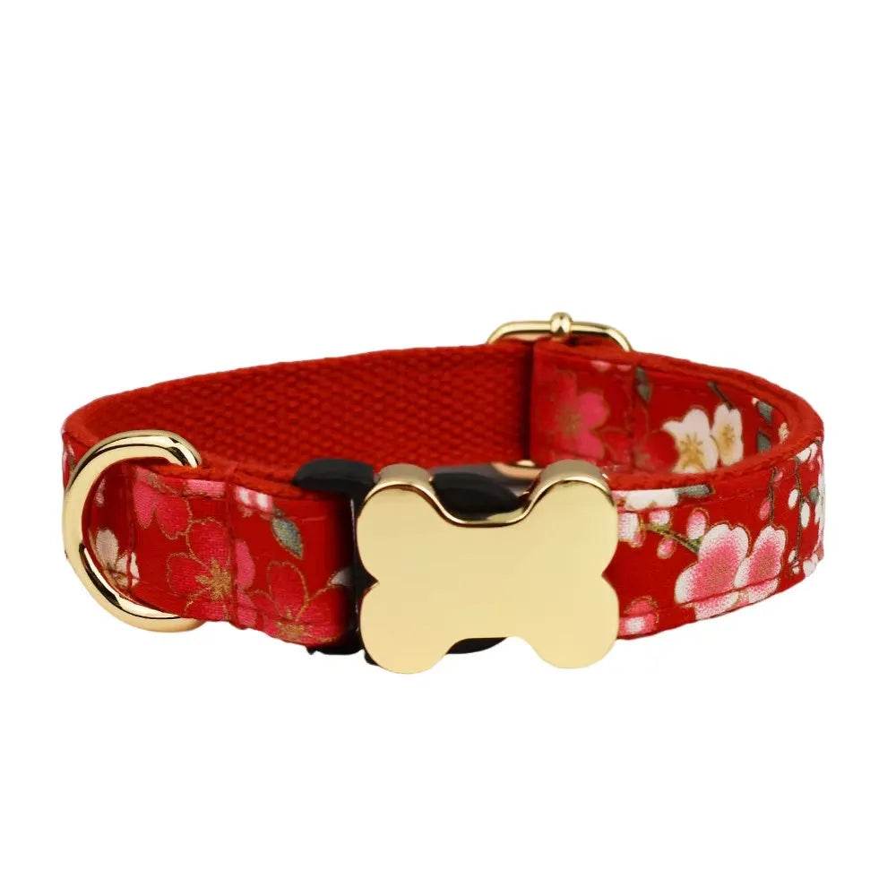 Flat fabric printed grid nylon dog collar with bone buckle in multiple colour options