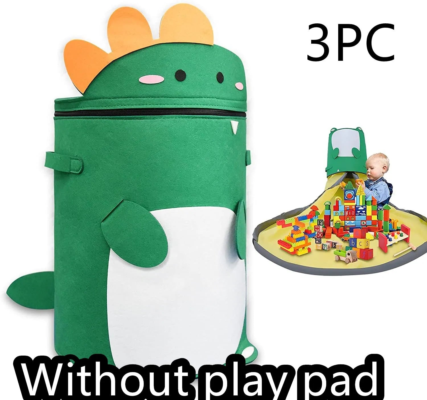 Green cube-shaped felt storage bag with pull rope lying flat as a play mat.