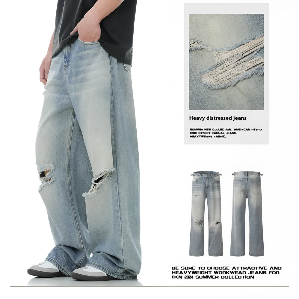 Blue men's ripped jeans with straight-leg cut and zipper fly