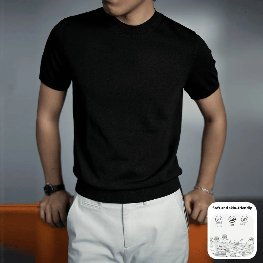 Men's knitted T-shirt with round neck and short sleeves in chemical fibre blend fabric