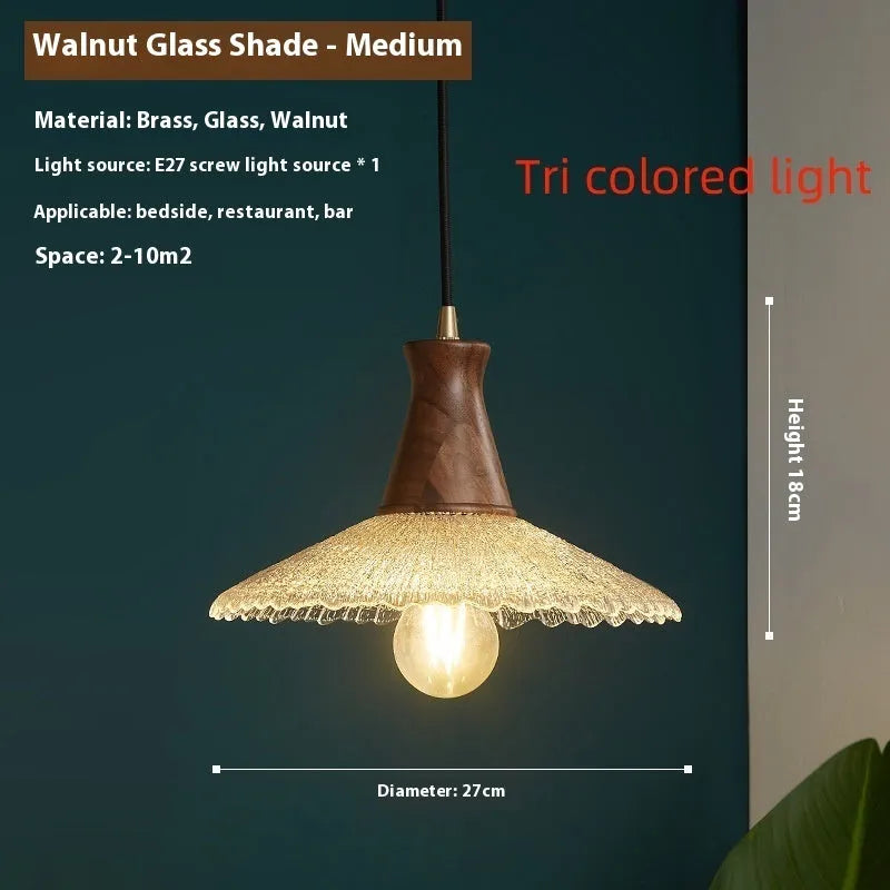 Retro wood and glass ceiling chandelier with brass finish for restaurant lighting