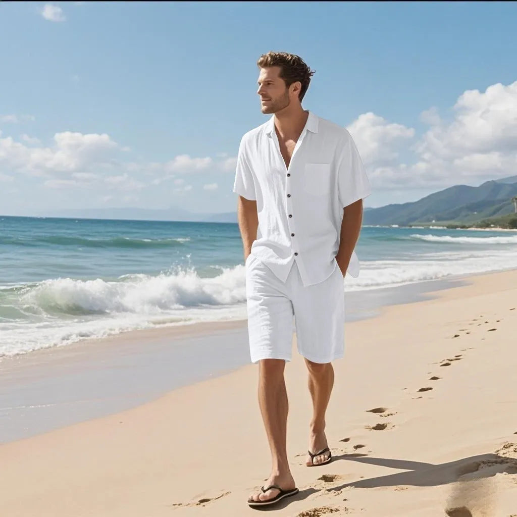 Linen and hemp blend short sleeve beach suit in light blue with matching shorts.