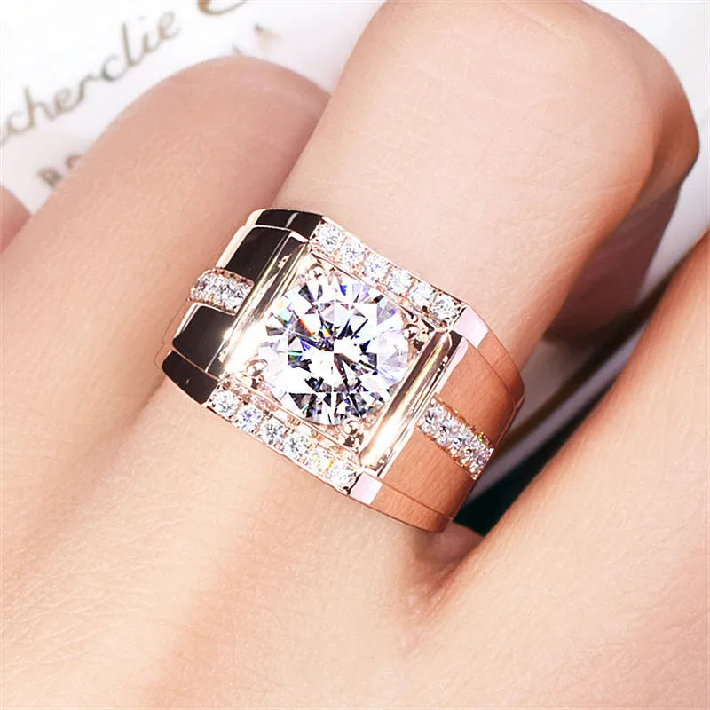 Men's adjustable diamond zircon ring in geometric design with electroplated metallic finish